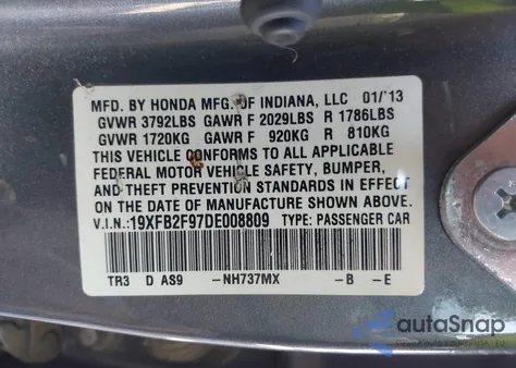 2013 Honda Civic Ex-L из США, поврежденный, VIN 19XFB2F97DE008809